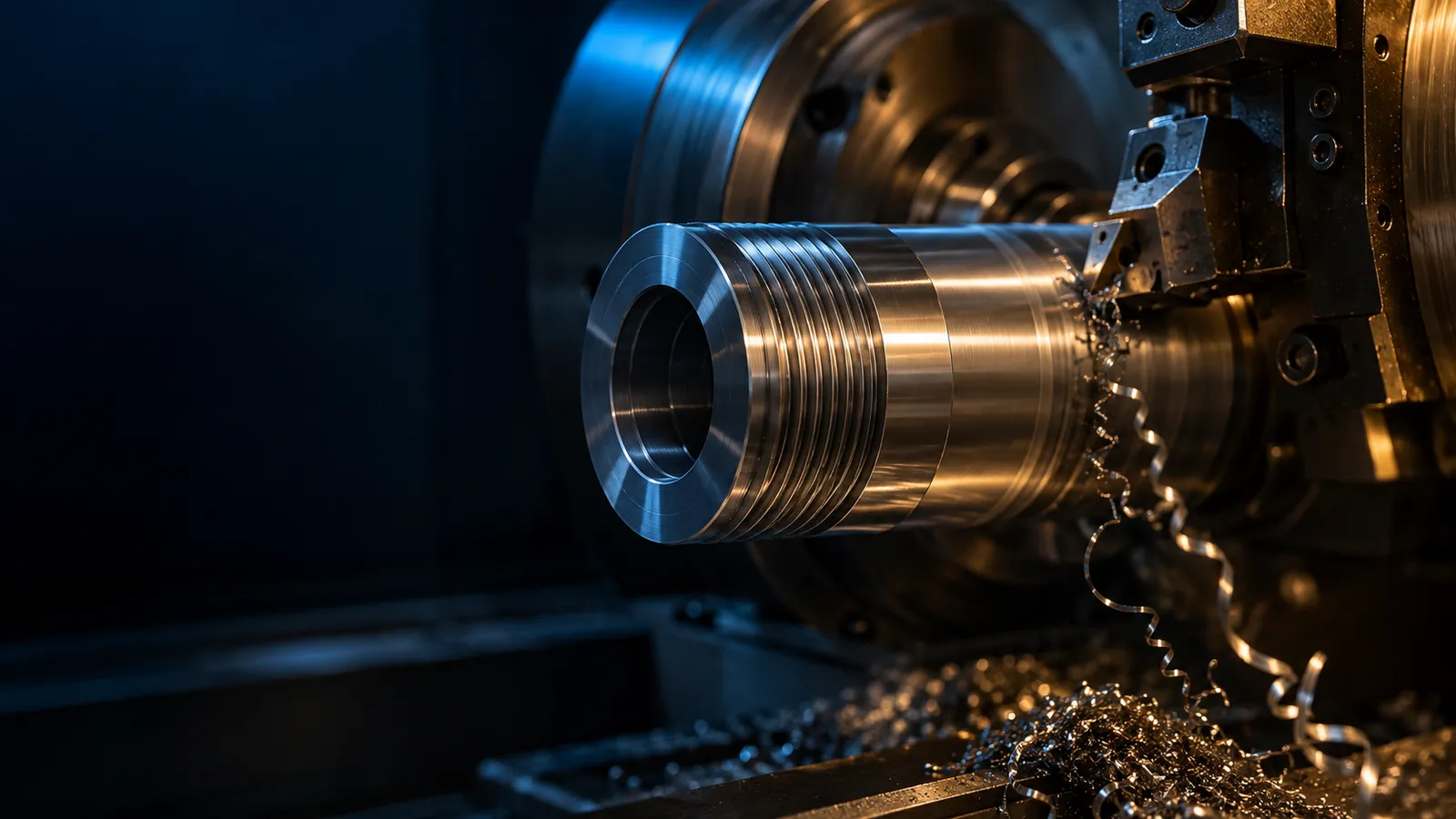 Ilustração de usinagem de uma conexão metálica em torno CNC, com iluminação azul e dourada
